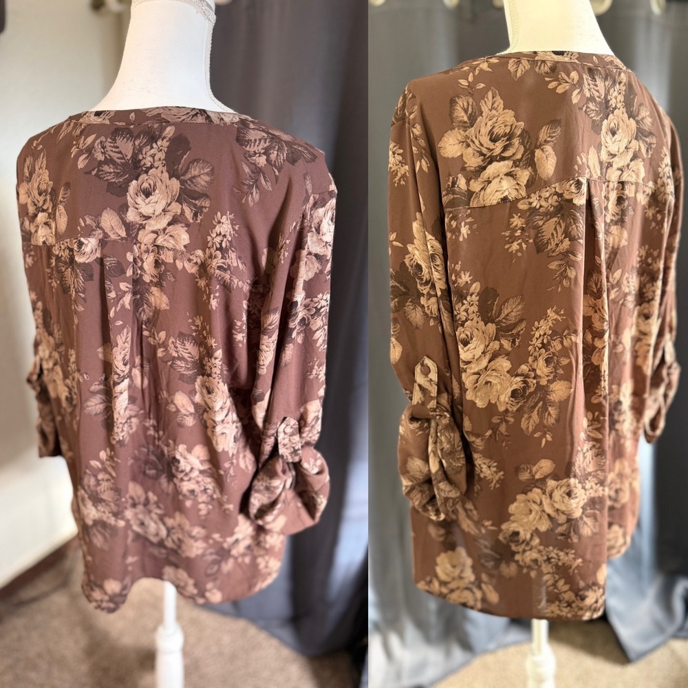Torrid Harper Blouse 2 Brown Floral Rose Georgette Roll Tab Pullover Top nwt - Picture 4 of 8